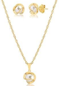 Conjunto Colar E Brinco Com Pingente de Pérola Folheado A Ouro 18k