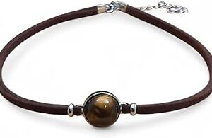 Gargantilha de Pedra Olho de Tigre Couro Choker Bijuterias