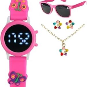 Presente Menina: Relógio Digital Infantil + Óculos Sol Fashion + Colar e Brincos + Caixa Charme Rosa