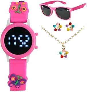 Presente Menina: Relógio Digital Infantil + Óculos Sol Fashion + Colar e Brincos + Caixa Charme Rosa