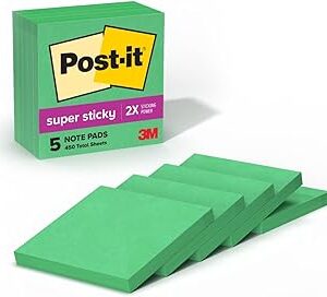 Post-it Notas super adesivas, 5 blocos de notas adesivos, 7,6 x 7,6 cm, material escolar, produtos de escritório, notas adesivas para superfícies verticais, monitores, paredes e janelas, verde-sorte