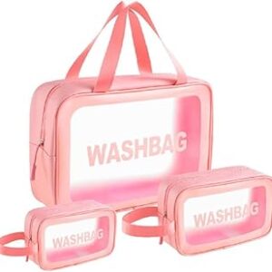 Kit 3 Necessaire Feminina Transparente Viagem Organizador Maquiagens Cosméticos Perfumes Higiene Pessoal Banho e Academia Impermeável Conjunto de Bolsas para Mulheres (Rosa)