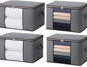 Kit c/ 4 CAIXA Sacos Organizadores REFORÇADO de Roupas e Edredons – Visor Transparente, Zíper Forte, Alças Laterais, Dobrável, Empilhável – Ideal Closet, Cama, Brinquedos e Viagens (Kit c/4)