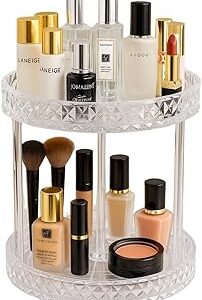 Organizador Giratório de Maquiagem, 2 Andares, Acrílico Transparente, Base Diamantada, 360 Graus, 24x22cm, para Cosméticos e Produtos de Beleza