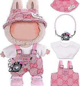 Conjunto de 4 peças feito à mão para bonecas Labubu de 17 cm/15 cm (sem boneca) roupas rosa fofas com acessórios top macacão chapéu e bolsa para meninas meninos (sem sapatos) AK060PK