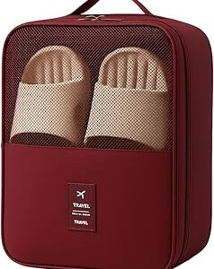Bolsa de Sapatos para Viagem 03 Compartimentos Necessaire Organizadora de Tênis Sandálias Chinelos Sapato Porta Calçados com Zíper Malha Respirável Dobrável Economia de Espaço (VINHO)