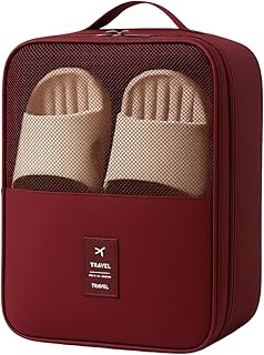 Bolsa de Sapatos para Viagem 03 Compartimentos Necessaire Organizadora de Tênis Sandálias Chinelos Sapato Porta Calçados com Zíper Malha Respirável Dobrável Economia de Espaço (VINHO)