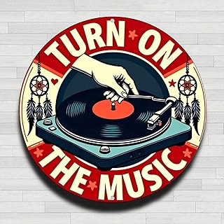 Toca-discos vintage design de música retrô toca-discos vintage rústico metal placa de parede redonda - 20 cm presentes e decoração para ambientes internos e externos para casa, escritório, café e