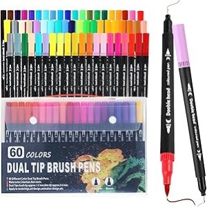 Kit com 60 Canetas Marcadoras de Ponta Dupla, Dupla Ponta (Pincel 1-4mm e Fina 0.4mm), Tinta à Base de Água - Ponta Pincel e Fina para Colorir Adultos, Lettering, Esboços e Ilustração (60)