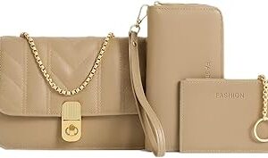 Kit Bolsa feminina 3 em 1, Bolsa Transversal Matelassê com Alça Corrente Dourada, Carteira e Porta-Cartões, Acabamento Premium- Cor Caqui
