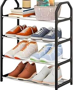 Organizador de Sapatos com 4 Prateleiras – Estrutura Metálica Preta, Estante para Calçados e Acessórios, Ideal para Quarto, Closet ou Entrada TDEVC