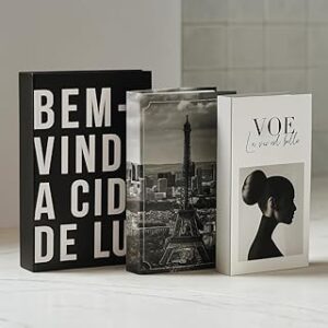Kit 3 Caixas Livro Decorativo Porta Objetos Decoração Casa Sala Multiuso Jogo de Livros Decorativos Conjunto Capa Dura (TRAVEL)