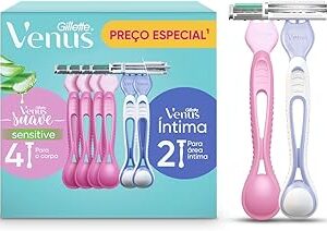 1 Kit Gillette Venus Suave, Aparelho de Depilação Descartável com Aloe, 4 Uds + Gillette Venus Íntima, Aparelho de Depilação Íntima Feminino Descartável, 2 Uds