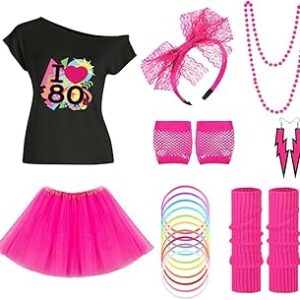 Conjunto de acessórios de fantasia feminina dos anos 80, roupas de fantasia de Halloween, camiseta, leggings, saia tutu, polainas para cabeça