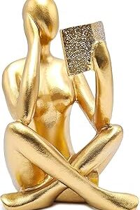 Est?tua Figura Pensador Estudando Enfeite Decorativo Casa Estatueta Reflex?o Mesa Escrit?rio Decora??o Luxo (Base Sem Livro Dourado)