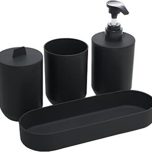 LYOR - Conjunto 4 Peças de Bambu e PP para Banheiro Preto - Porta-sabonete líquido, Porta-escova de dentes, Saboneteira, Porta Algodão