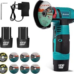 12V Mini Esmerilhadeira Angular Portátil, 2 Baterias, 19500 RPM, Com 8 Discos de Corte, Corte e Polimento para Metal, Pedra, Madeira, Mármore – Compacta e Recarregável