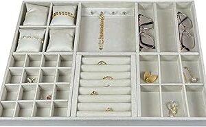 Reluz Art Organizador Para Joias Gaveta Veludo Para Acessórios, Relógios, Anéis, Óculos e Colares (50 x 40 x 3,5cm, Bege)